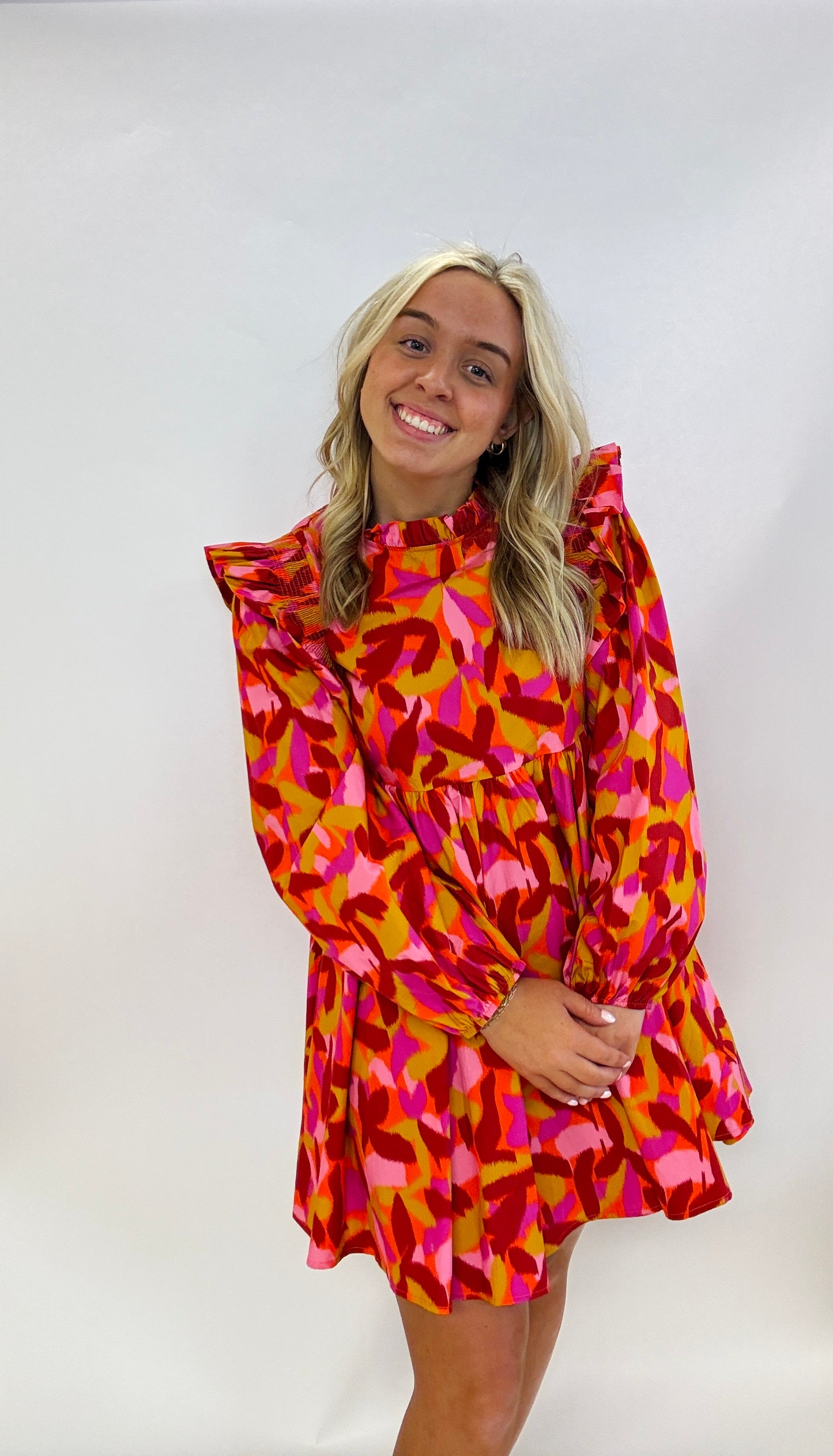 Poplin Print Mock Neck Dress