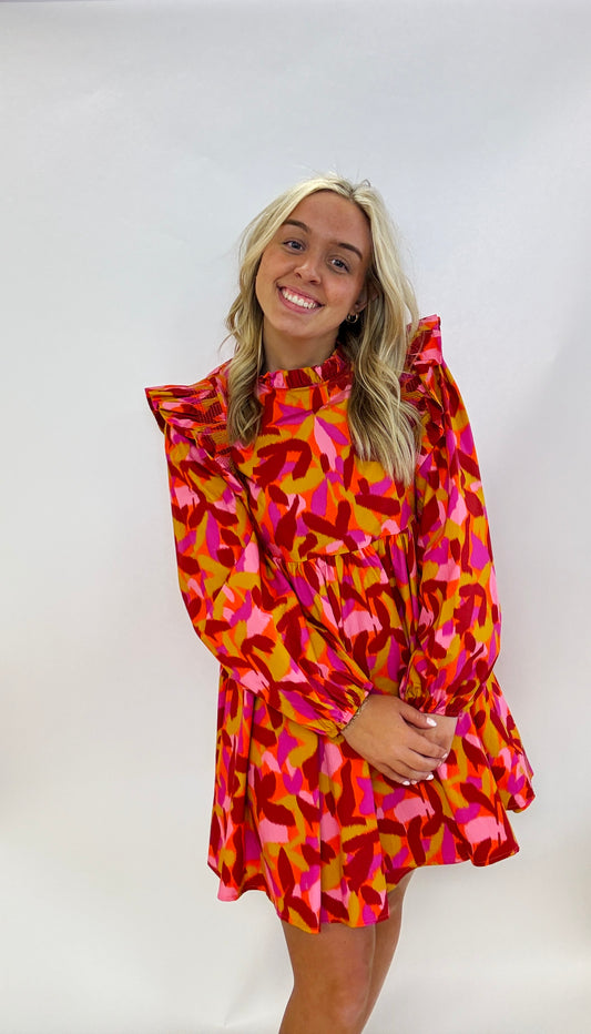 Poplin Print Mock Neck Dress