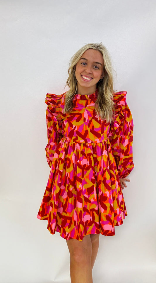 Poplin Print Mock Neck Dress
