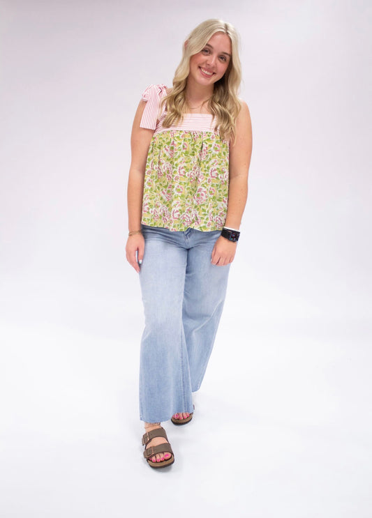 Floral Printed Knot Straps Babydoll Tank Top