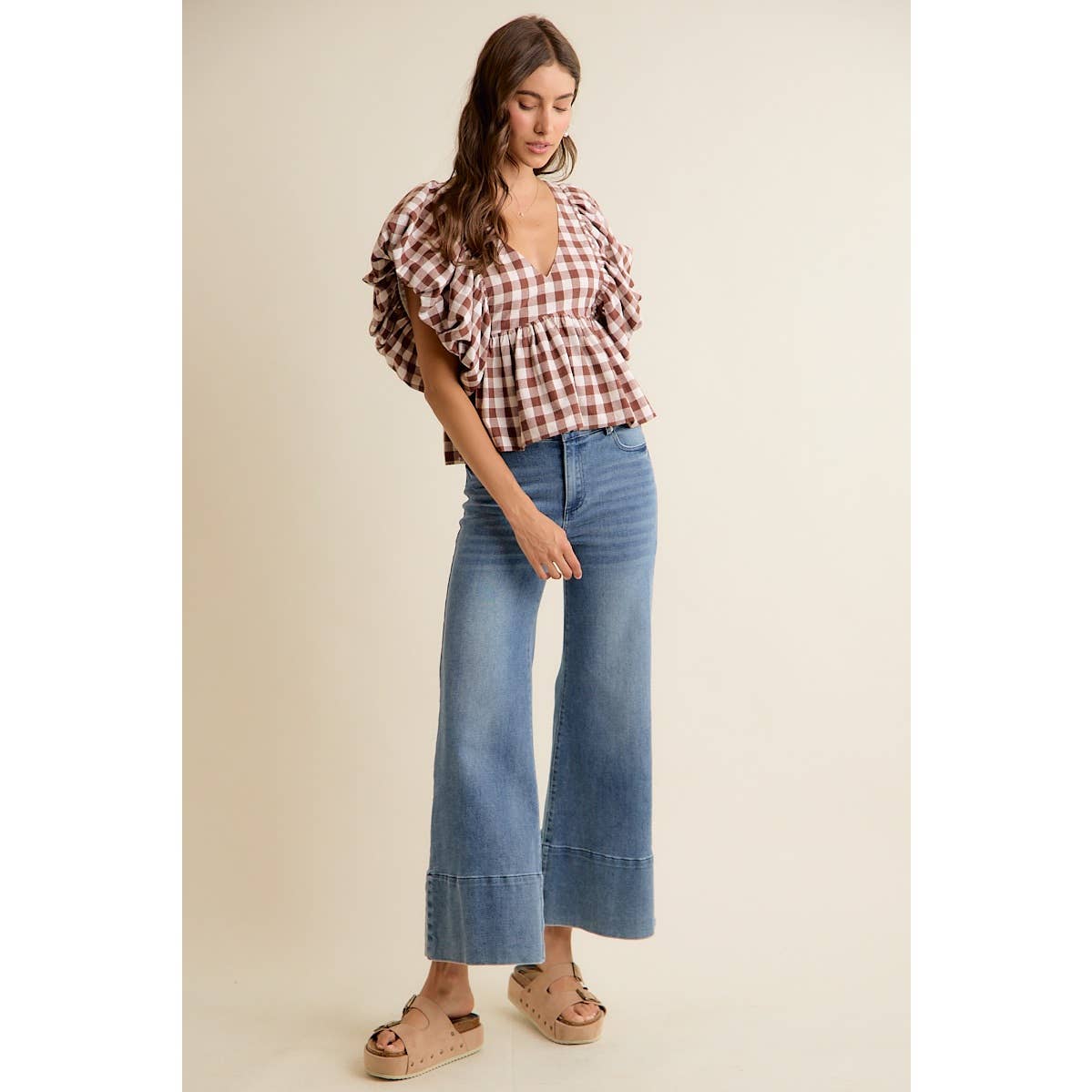 Gingham Bubble Puff Sleeve Top