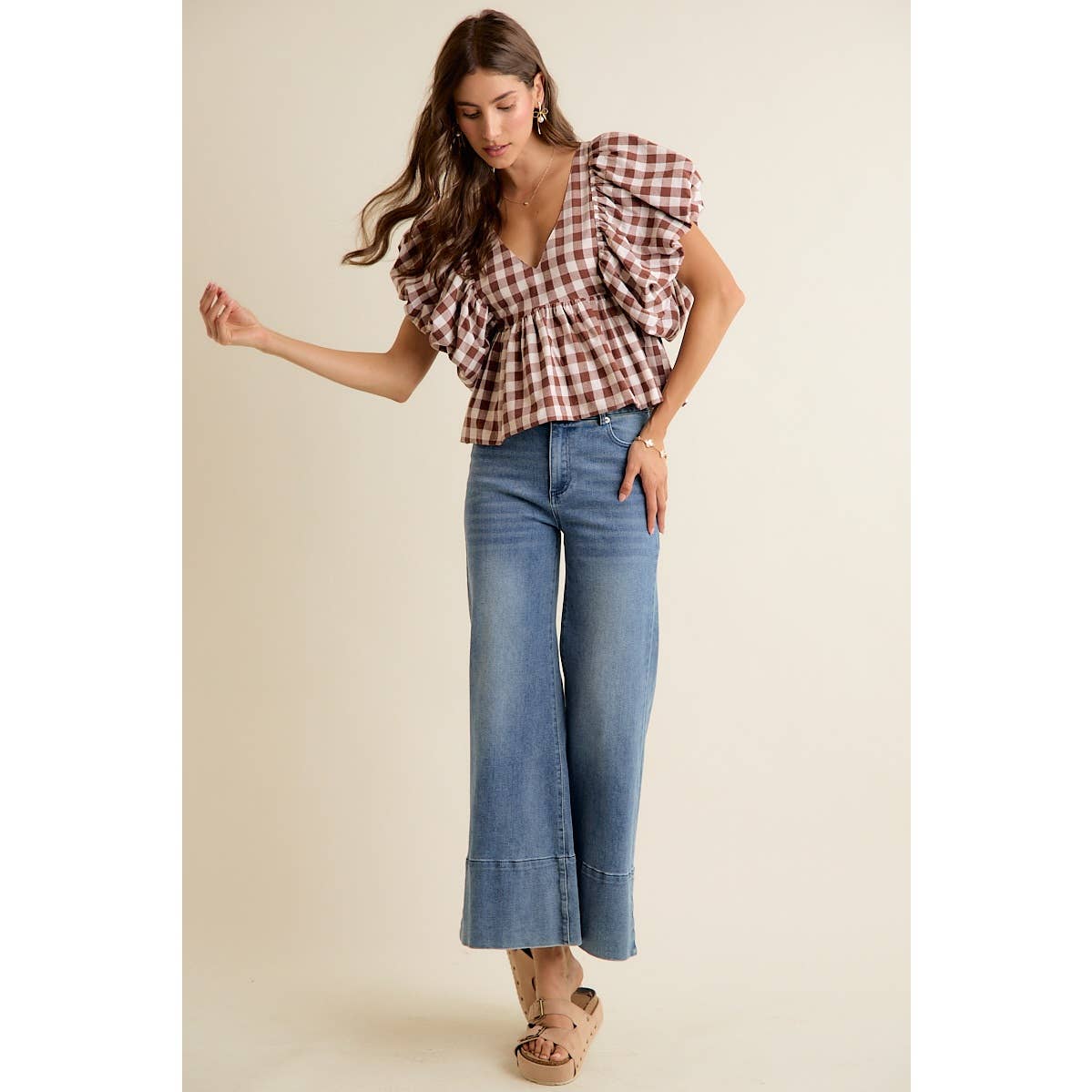 Gingham Bubble Puff Sleeve Top