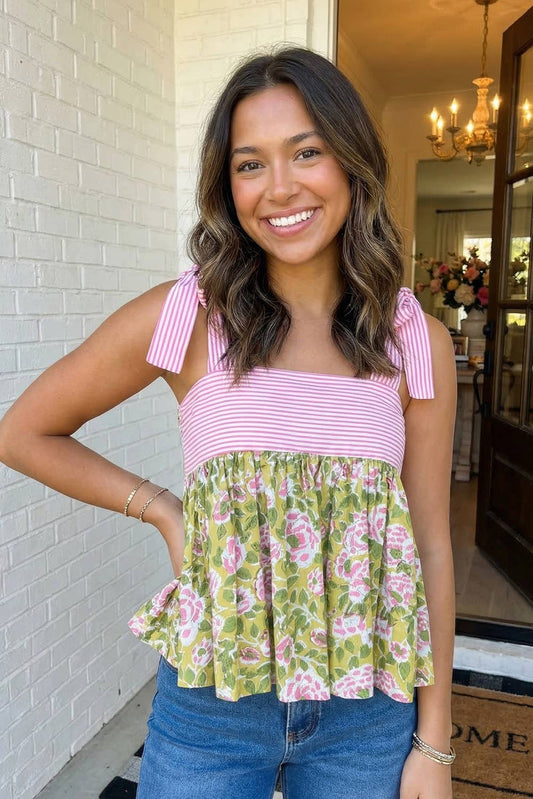 Floral Printed Knot Straps Babydoll Tank Top