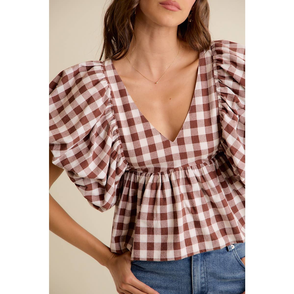 Gingham Bubble Puff Sleeve Top