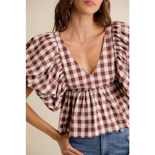 Gingham Bubble Puff Sleeve Top