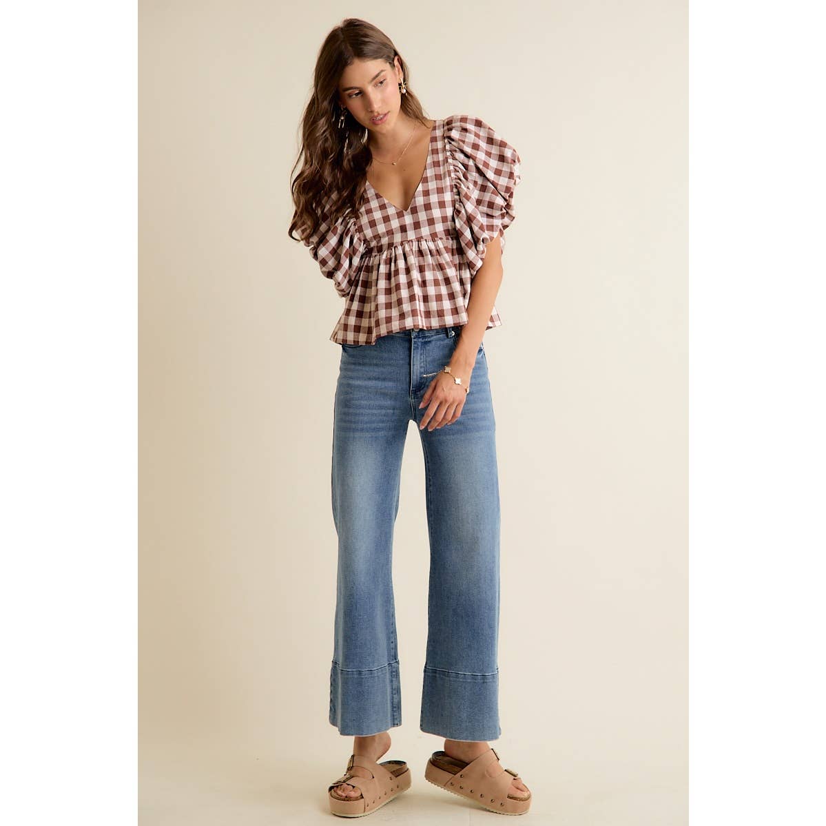 Gingham Bubble Puff Sleeve Top