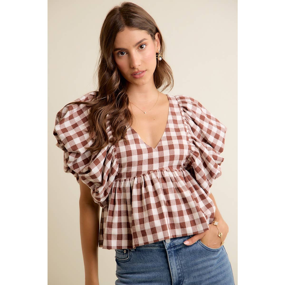 Gingham Bubble Puff Sleeve Top