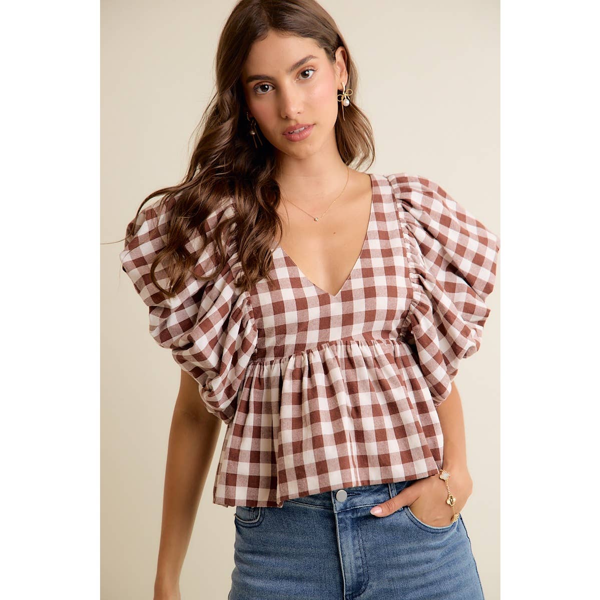 Gingham Bubble Puff Sleeve Top