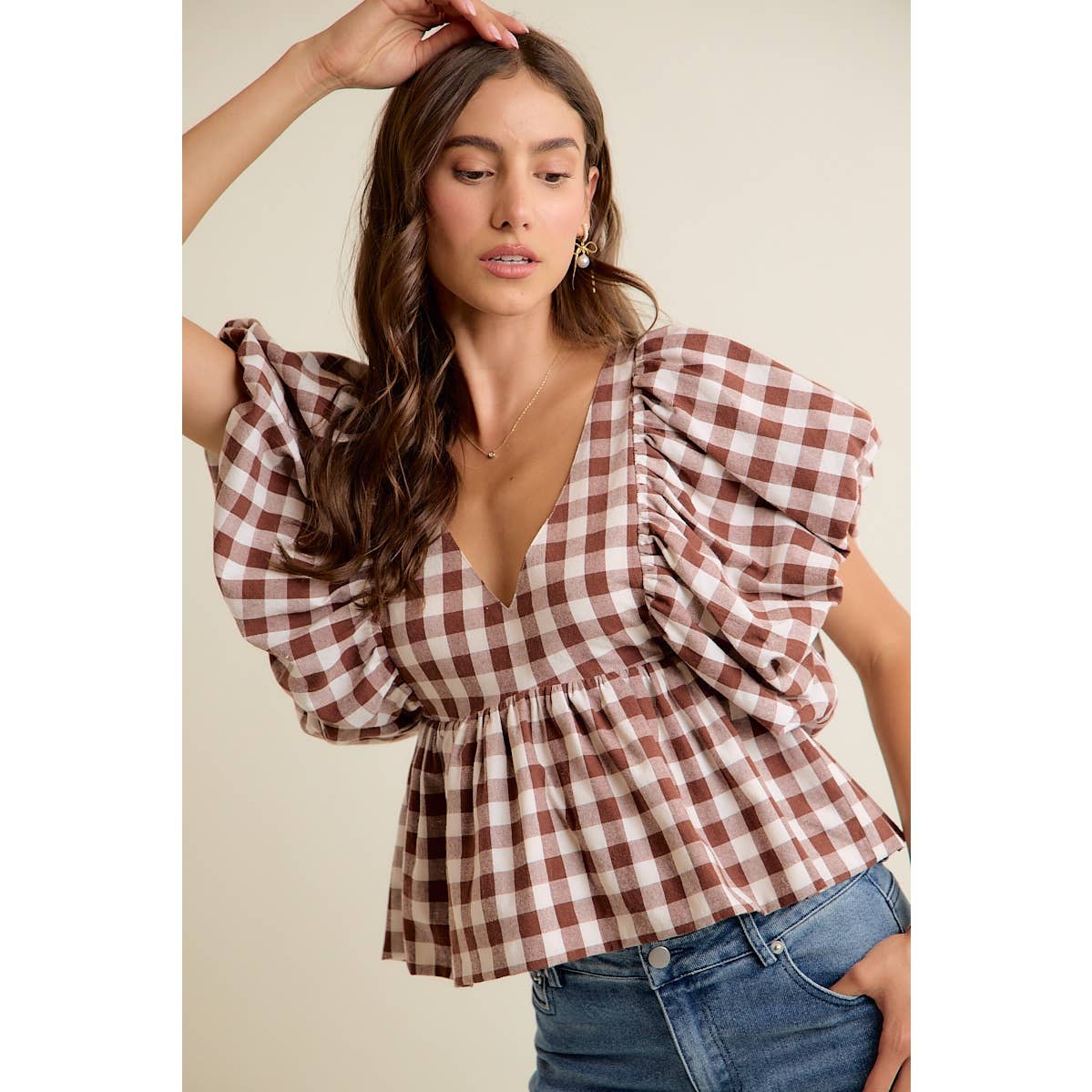 Gingham Bubble Puff Sleeve Top