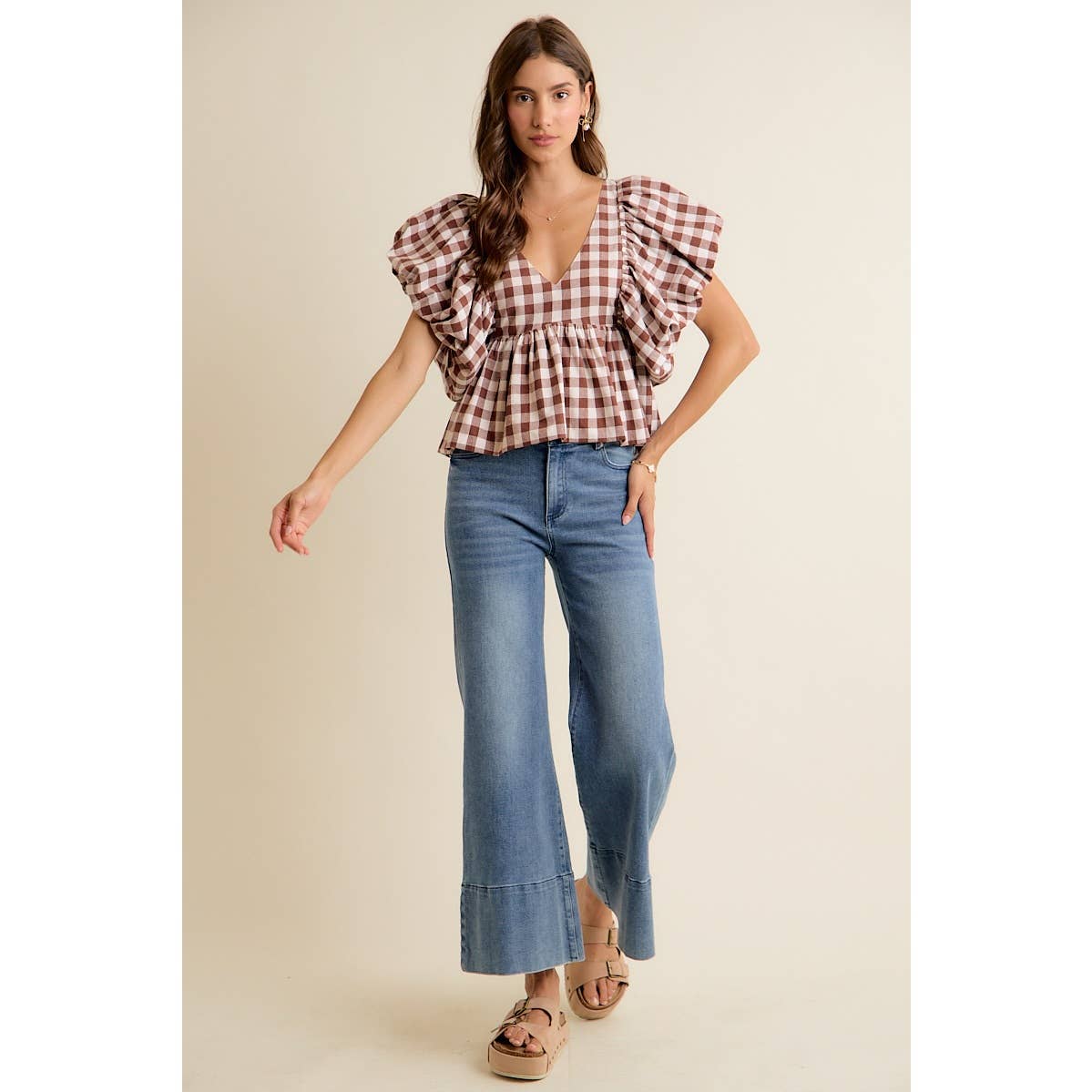 Gingham Bubble Puff Sleeve Top